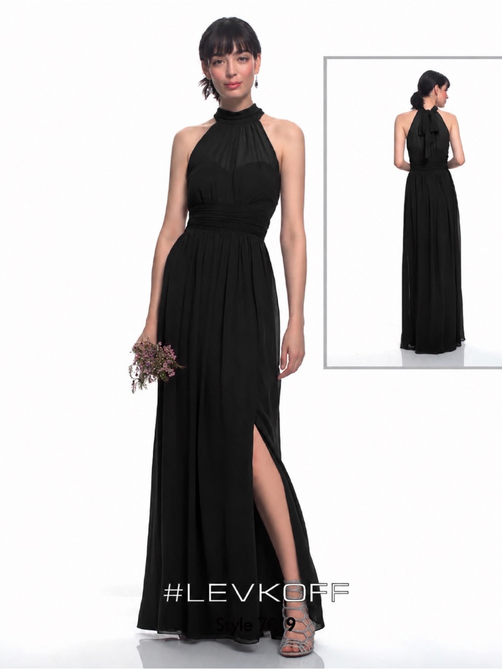 Bill Levkoff Style 7019 Black Chiffon Mesh Halter Neck Maxi Dress Size 2 NWT